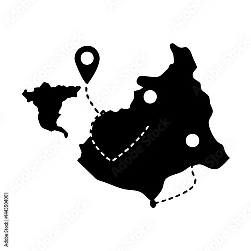 Black and white map silhouette with dotted line route and location pin