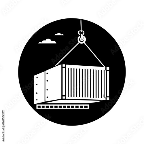 Monochrome depiction of a cargo container suspended by a crane hook