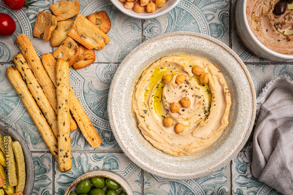 Various hummus dips in different colours. Hummus with dry crackers, top view. Vegan and traditional hummus as healthy and vegan snack.