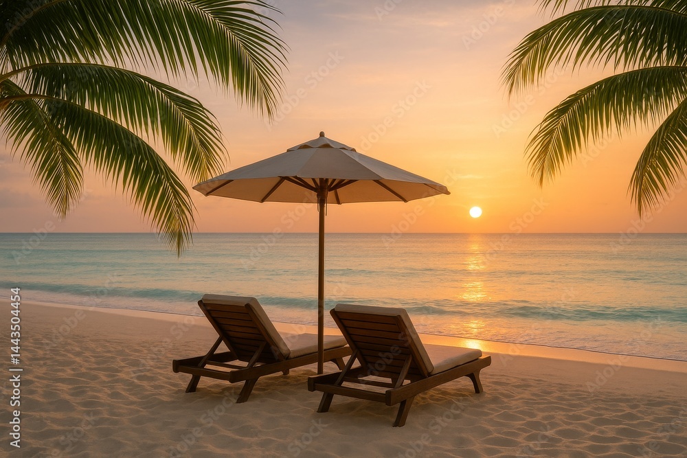 Relaxing Beach Chairs Under a Sun Umbrella at Sunset on a Tropical Shore