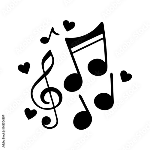 Musical Notes with Hearts, representing Love for Music in Black and White