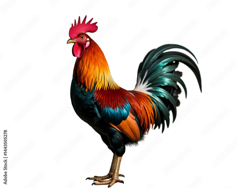 Fototapeta premium Vibrant Rooster Portrait, A Majestic Bantam Standing Tall Showcasing Its Colorful Plumage and Proud Demeanor in Stunning Detail and Vivid Illustration