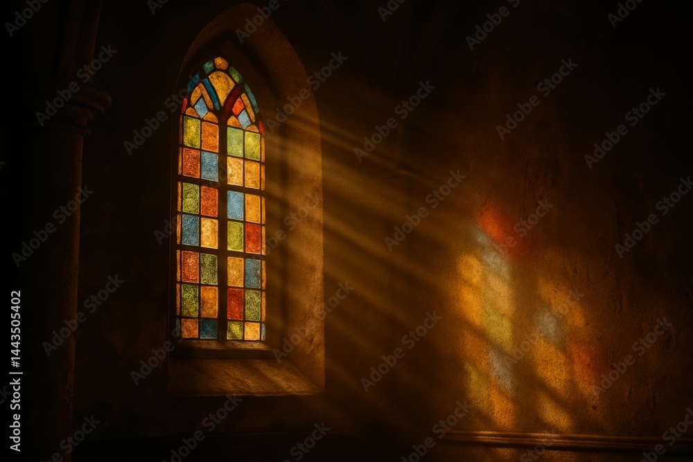 Golden Rays Shine Through Stained Glass Window in an Ancient Cathedral