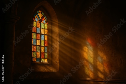 Obraz na płótnie Golden Rays Shine Through Stained Glass Window in an Ancient Cathedral w salonie