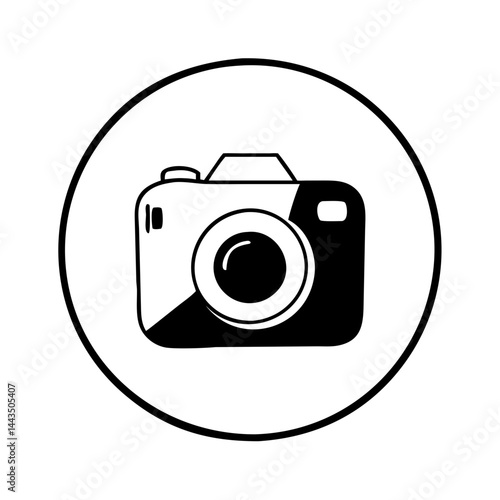 Simple black and white camera icon within a circular frame design