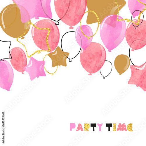 Watercolor pink and golden balloons. Vector celebration party background. Happy Birthday card