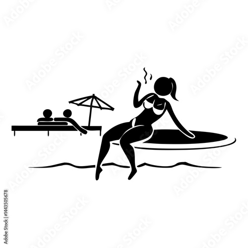 Stick figure woman in swimsuit relaxing at beach with cigarette