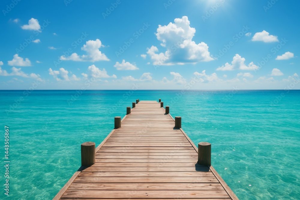 Clear Blue Water and Wooden Dock Under a Bright Sky in a Tropical Location