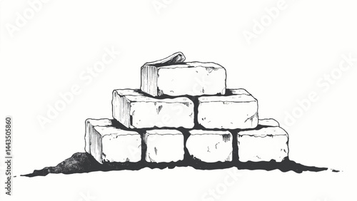 A black and white, hand-drawn illustration of a stack of bricks on a white background. A stack of bricks.  