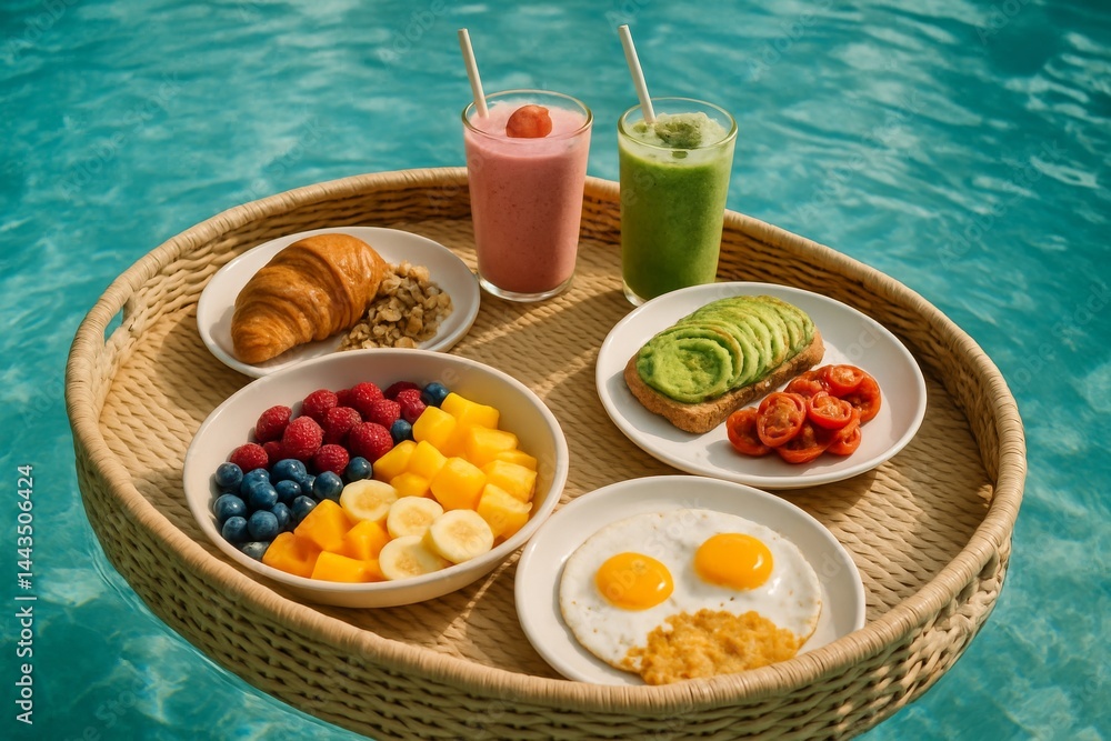 Refreshing Breakfast Tray With Fruits, Smoothies, and Eggs by the Poolside in Bright Sunlight