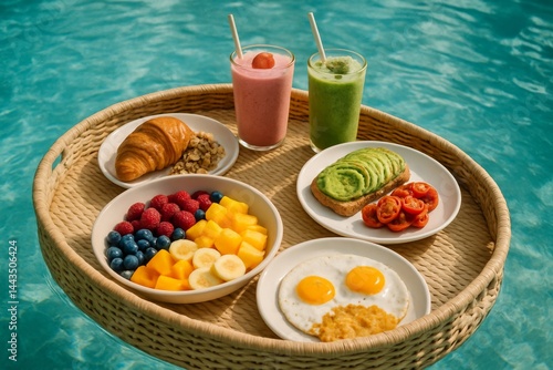 Obraz na płótnie Refreshing Breakfast Tray With Fruits, Smoothies, and Eggs by the Poolside in Bright Sunlight w salonie