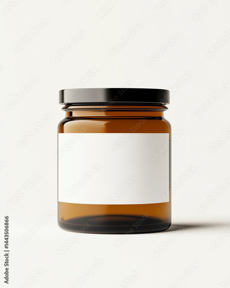 Amber glass jar with a blank white label and black lid, isolated on a beige background.