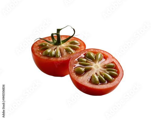 Vibrant Tomato Halves Showcasing Juicy Seeds in a Close-Up Still Life, Emphasizing Freshness and Natural Beauty of the Edible Fruit