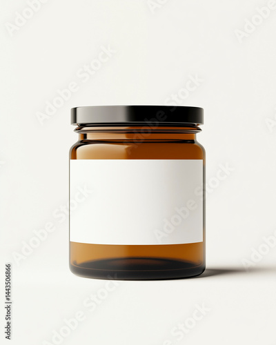 Obraz na płótnie Amber glass jar with a blank white label and black lid, isolated on a beige background. w salonie