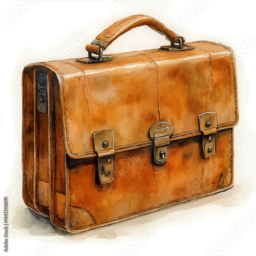 Sleek Leather Portfolio Bag, vector watercolor illustration, isolated on a white background.
