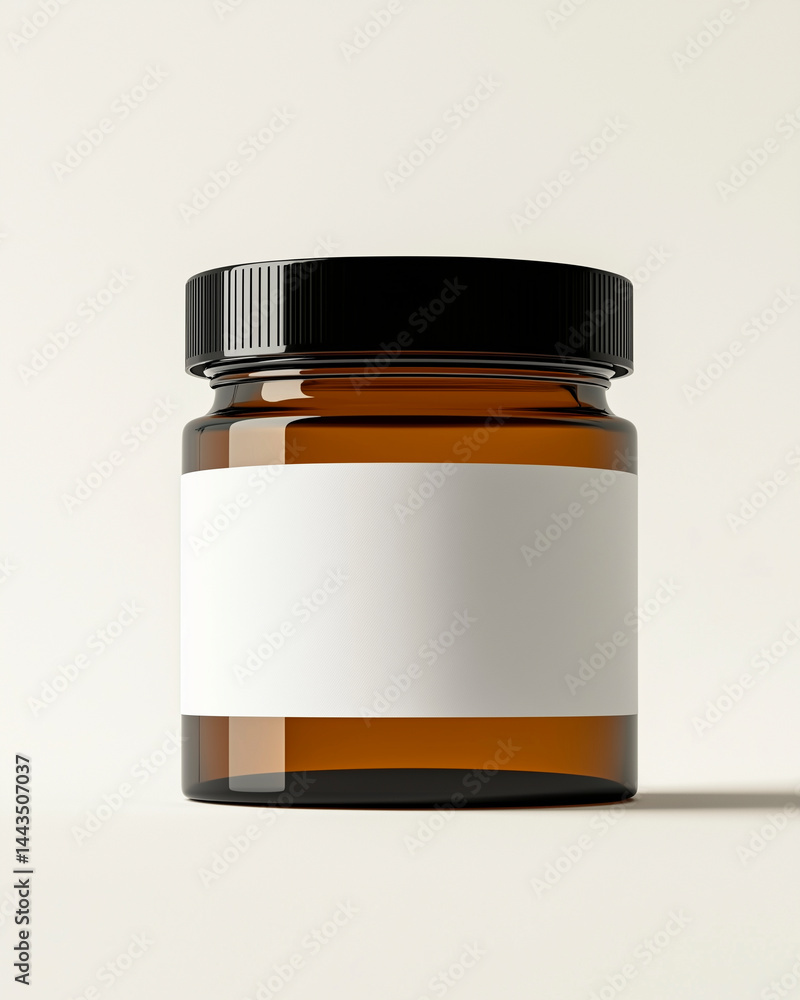 Amber glass jar with a blank white label and black lid, isolated on a beige background.