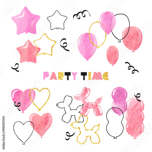 Party balloons vector illustration. Watercolor pink balloon set. Vector Birth...