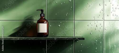 Amber pump bottle with a blank label placed on a shelf against glossy green tiled wall with water droplets.