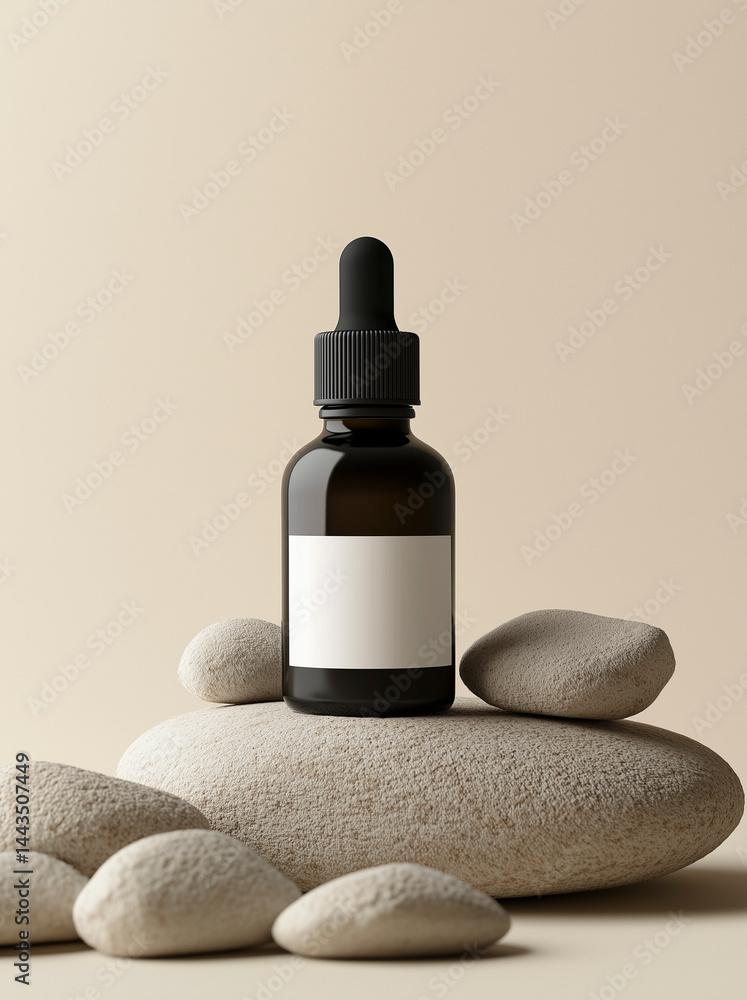 Amber dropper bottle with blank label standing on smooth natural stones.
