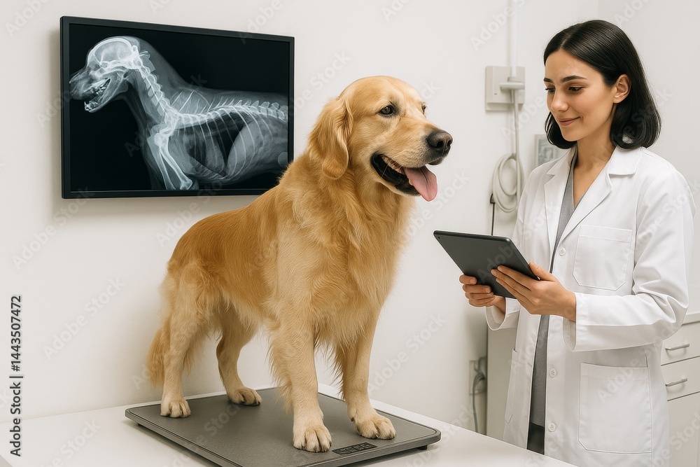 Golden Retriever Receives Examination at Veterinary Clinic With X-Ray Display