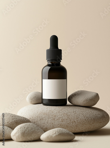 Obraz na płótnie Amber dropper bottle with blank label standing on smooth natural stones. w salonie