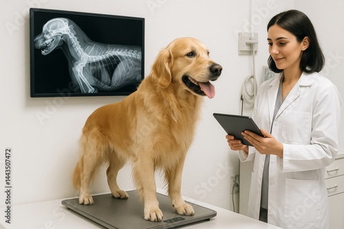 Golden Retriever Receives Examination at Veterinary Clinic With X-Ray Display
