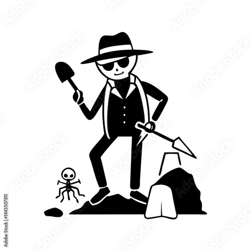 A skeleton archeologist digging up bones with a shovel and pickaxe