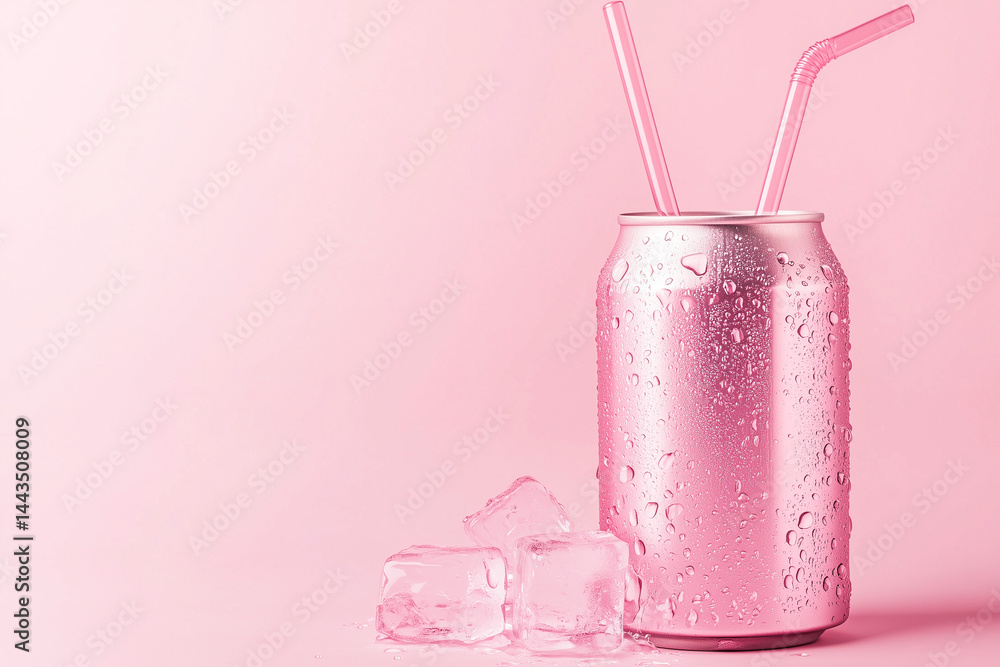 Pink soda can with a straw and ice cubes on a pastel pink background.
