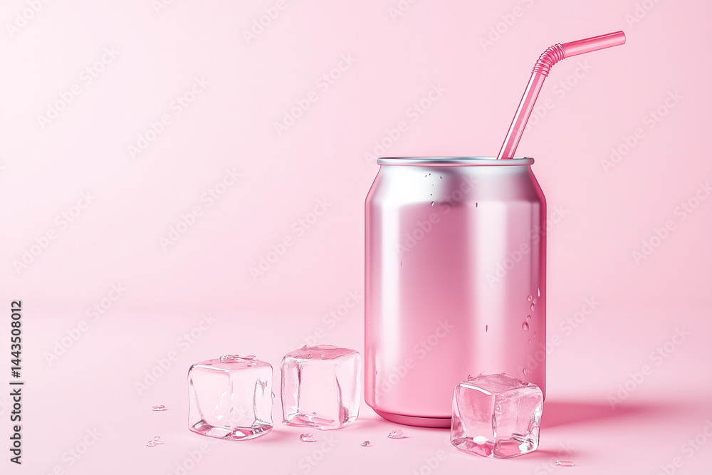 Pink soda can with a straw and ice cubes on a pastel pink background.
