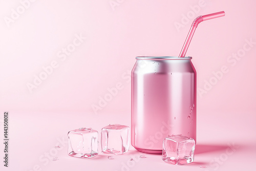 Obraz na płótnie Pink soda can with a straw and ice cubes on a pastel pink background. w salonie
