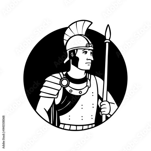 Monochrome illustration of a Roman soldier holding a spear in a circle