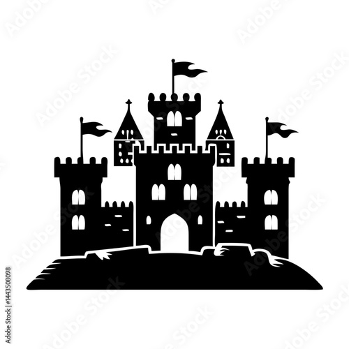 Silhouette of a captivating medieval castle with towers and waving flags