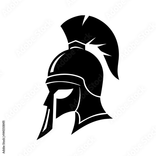 Stylized black and white illustration of a Spartan or Roman soldier's helmet
