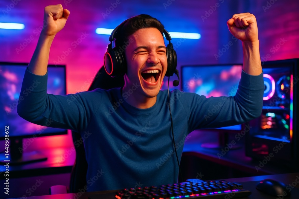 Excitement Fills the Room During an Intense Gaming Session in a Colorful Setup