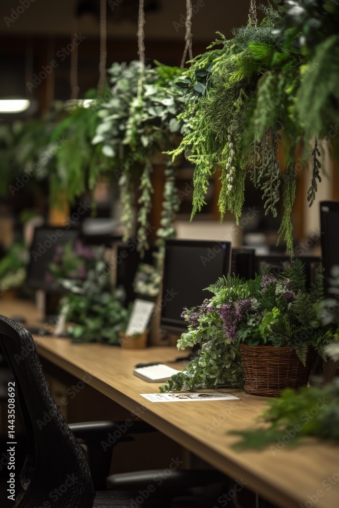 Fototapeta premium Modern office with hanging plants and a calming atmosphere.