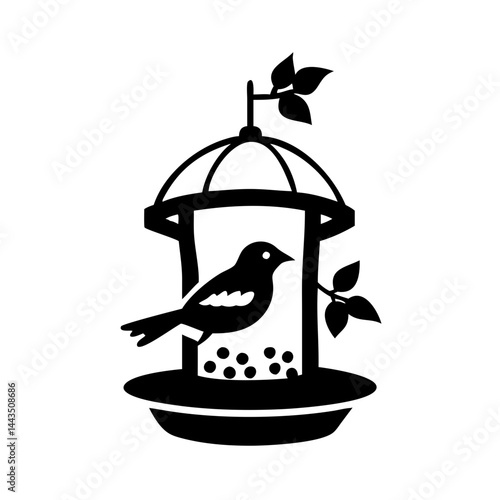 A black and white illustration of a bird in a bird feeder