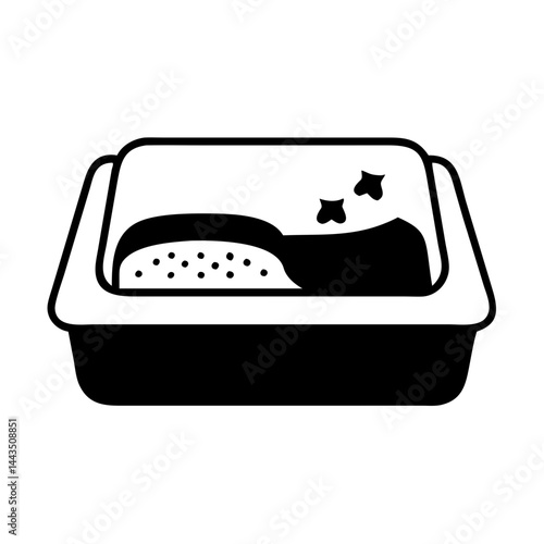 Black and white minimalist illustration of a cat litter box with clumps