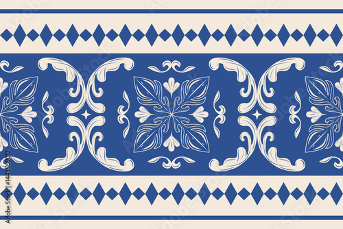 Classy Royal Blue Fleur de lis geometric hand drawn florals ornament decoration design border pattern for elegance noble intricate art work Luxury traditional baroque style for interior fashion carpet