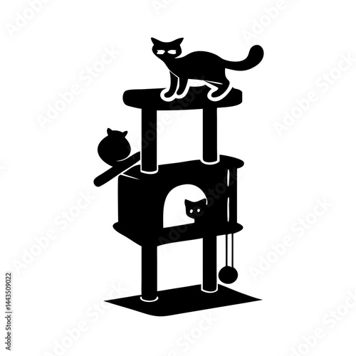 Three cats enjoying their multilevel cat tree with toy ball and platform