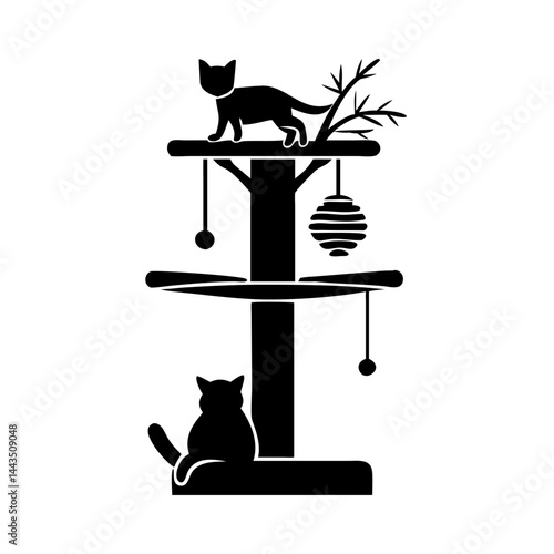 Black Silhouette of Two Cats on a Cat Tree with Dangling Toys