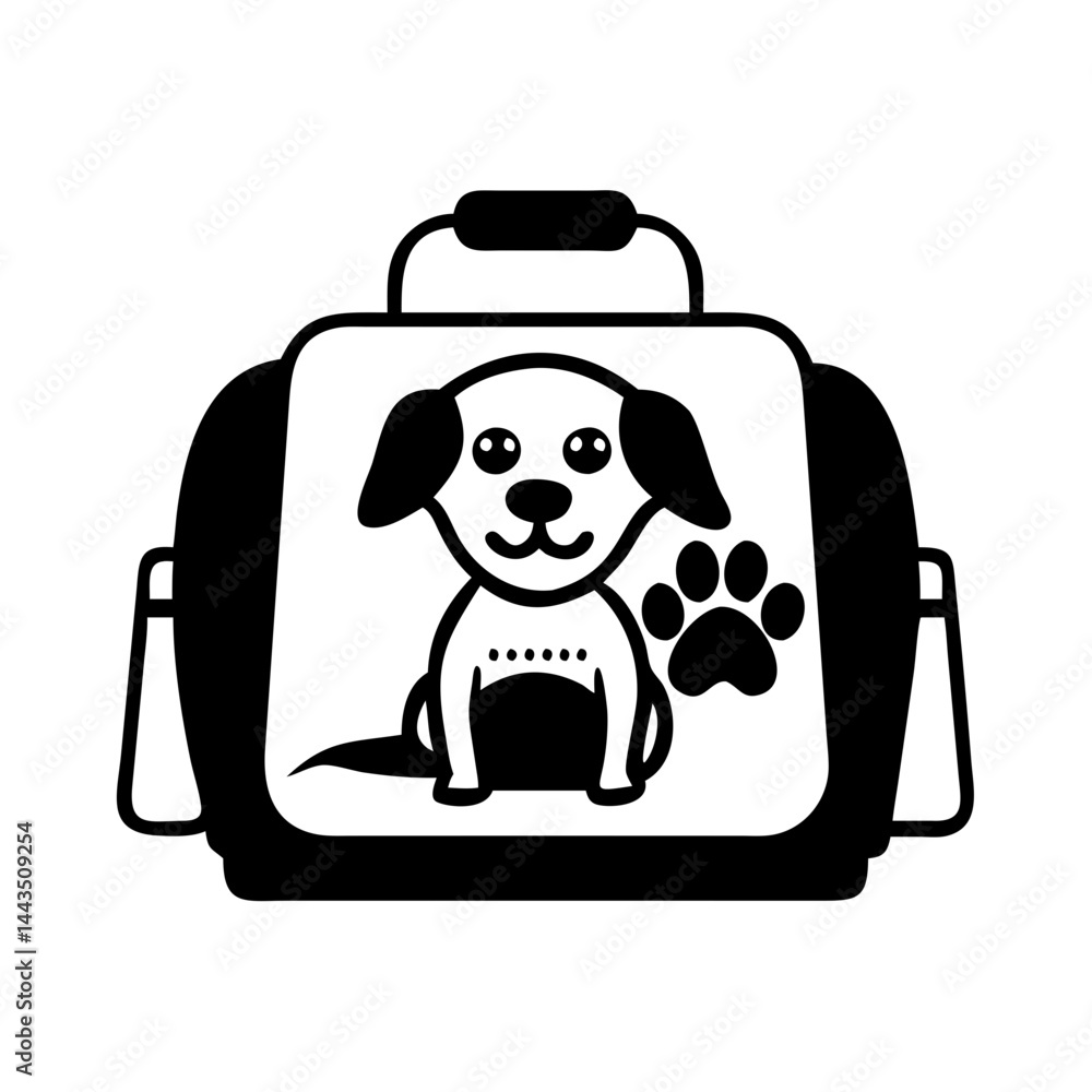 Stylized pet carrier with a cute dog and paw print design Stylized pet carrier with a cute dog and paw print design