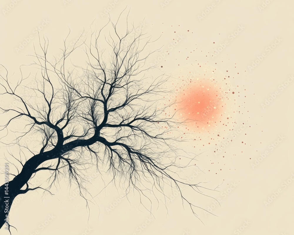 Fototapeta premium A neuron illustrated in simple lines and soft gradients, surrounded by light connections, set against a minimalist, muted background with copyspace 