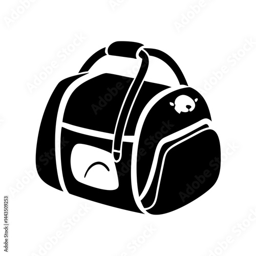 Silhouette of a black duffel bag with a bear face emblem