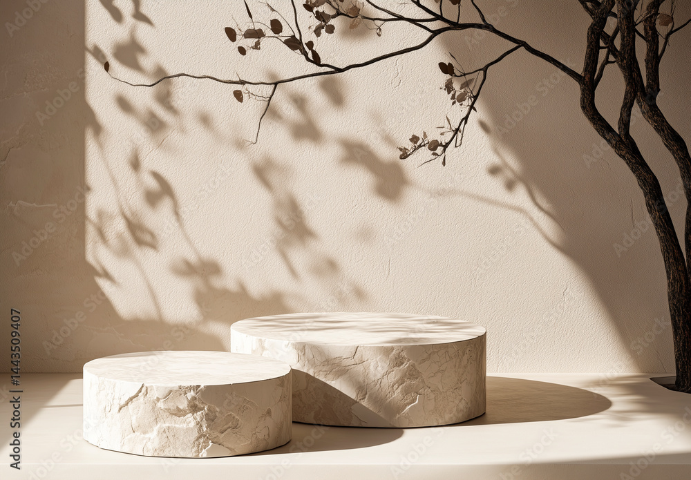 Three round stone podiums in warm sunlight.