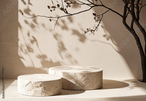 Three round stone podiums in warm sunlight.