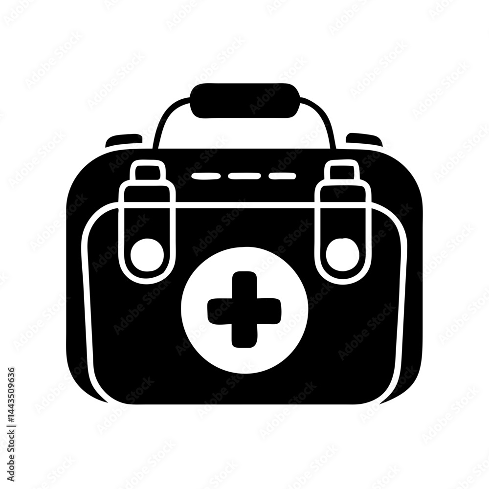 Black and white illustration of a first aid kit with handle Black and white illustration of a first aid kit with handle