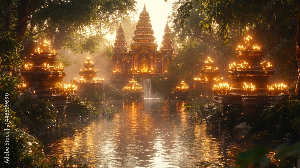 Obraz premium Golden temple complex bathed in ethereal sunlight, nestled within a lush tropical forest.
