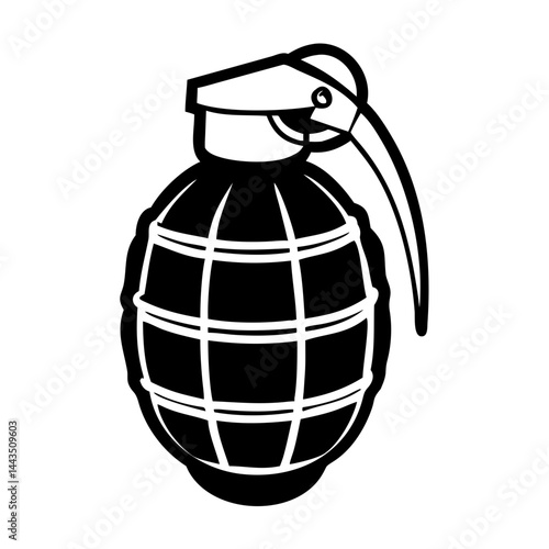 Graphic depiction of a hand grenade with a simple, bold black and white design