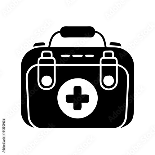 Black and white illustration of a first aid kit with handle