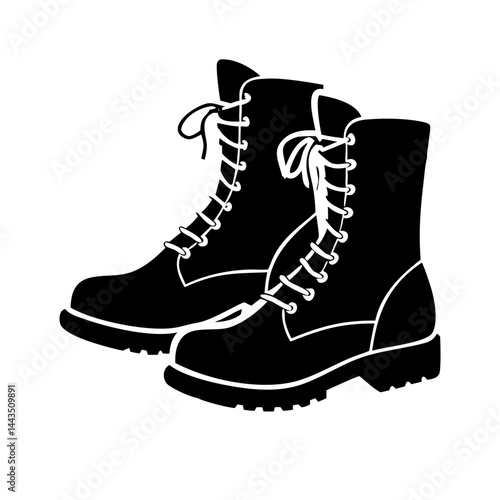 Pair of black military boots silhouette with white shoelaces graphic design